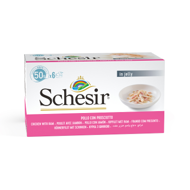 Schesir Filetti di Pollo con Prosciutto in Gelatina 6 x 50 gr Schesir Filetti di Pollo con Prosciutto in Gelatina 6 x 50 gr
